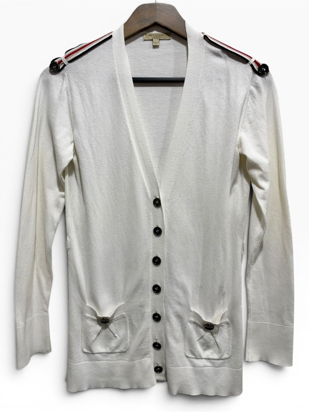 Burberry London White Cotton Icon Stripe Epaulet Cardigan S